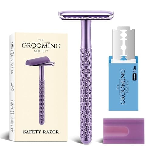 The Grooming Society Double Edge Safety Razor for Women Purple with 10 Blades and Silicone Cover - Durable Metal Eco-Friendly Single Blade Razor - Closed Smooth Shave - Image 1