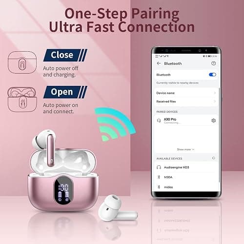 Wireless Earbuds Bluetooth 5.3 Headphones Bass Stereo Ear Buds with Noise Cancelling Mic LED Display in Ear Earphones IP7 Waterproof 36H Playtime for Laptop Pad Phones Sports Workout Pink Gold thumbnail 5