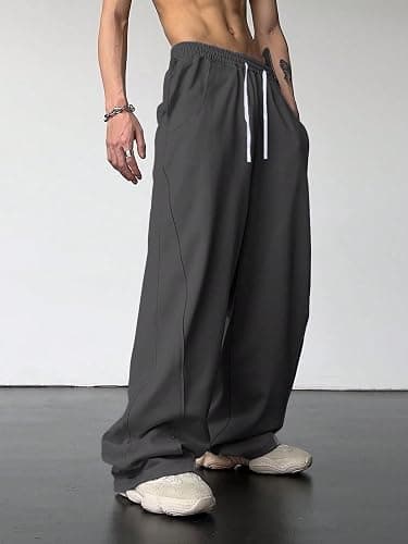 Men's Drawstring Elastic Waist Baggy Sweatpants Y2K Loose Wide Leg Long Pants with Pocket - Medium - Dark Grey thumbnail 2