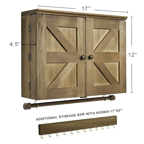 GLANT Rustic Wall Mounted Jewelry Organizer with Wooden Barndoor Decor， Wall Mount Holder,Jewelry holder for Necklaces, Earings, Bracelets，Ring Holder. Includes matching hook organizer (wood color) thumbnail 2