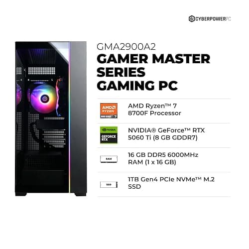CyberPowerPC Gamer Master Gaming PC, AMD Ryzen 7 8700F 4.1GHz, GeForce RTX 5060 Ti 8GB, 16GB DDR5, 1TB PCIe 4.0 SSD, WiFi Ready & Windows 11 Home (GMA2900A2) thumbnail 2