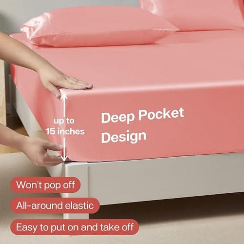 MR&HM Satin Fitted Sheet Full Size, Silky Bottom Sheet with Elastic Corner Straps, Deep Pocket up to 15 Inch, No More Slipping Off for Mattress - 1 Fitted Sheet Only (Blush) - Blush - Full thumbnail 5