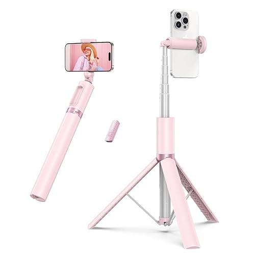ATUMTEK 1.4m Selfie Stick Tripod, All-in-one Extendable Aluminum Phone Tripod with Rechargeable Bluetooth Remote for iPhone, Samsung, Google, LG, Sony and More, Fitting 4.7-7 inch Smartphones, Pink - Image 1