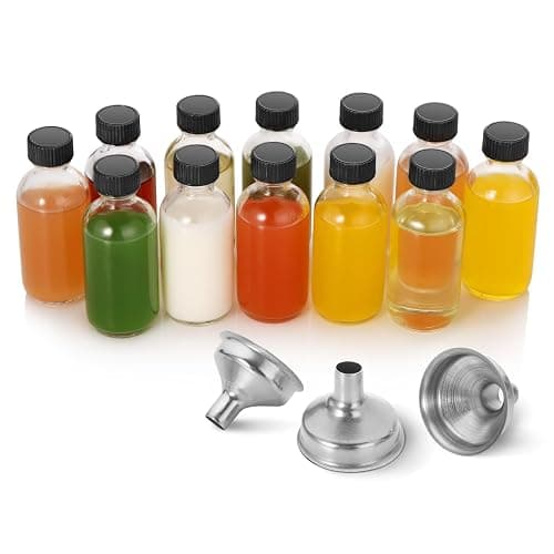 12 Pack, 2 oz Small Clear Glass Bottles w/Lid & 3 Funnels - 60ml Boston Shot Bottles for Health, Immunity, Potion, Wellness, Sample, Ginger, Juice - Mini Personal Care & Beauty Travel Bottle thumbnail 8