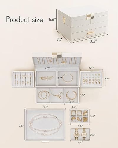 Vlando 3 Layer Jewelry Box - Women Jewelry Box with Retractable Tray - Jewelry Organizers with Drawer for Necklaces, Rings, Bracelets, Earrings, Gift for Couples Mom Girls - Could White thumbnail 3