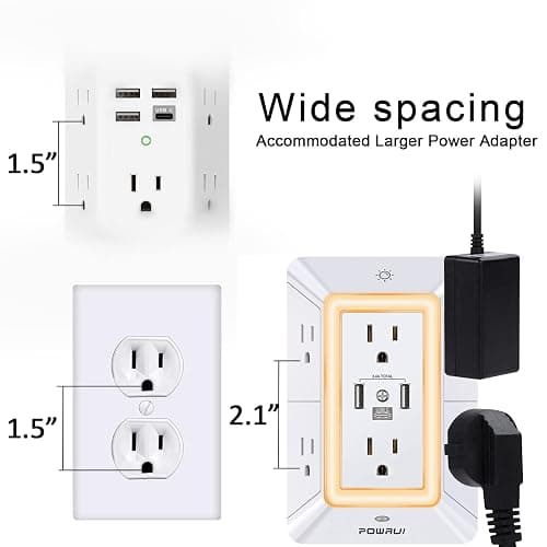 POWRUI Multi Plug 6 Outlet Surge Protector Extender with 3 USB Ports (1 USB C) and Night Light, 3-Sided Power Strip with Adapter Spaced Outlets, ETL Listed, White thumbnail 7