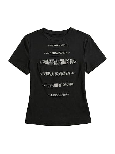 WDIRARA Women's Plus Size Goth Cutout Lace Patchwork T Shirt | Y2k, Ripped, Short Sleeve thumbnail 4