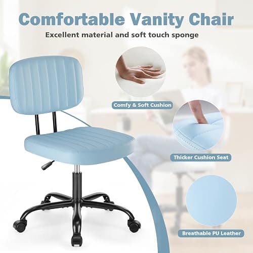 DUMOS Armless Home Office Executive Chair - Small Desk Chair with Low Back Lumbar Support, Height Adjustable PU Leather Computer Task Chair with 360° Swivel Wheels, for Adults, Blue thumbnail 3