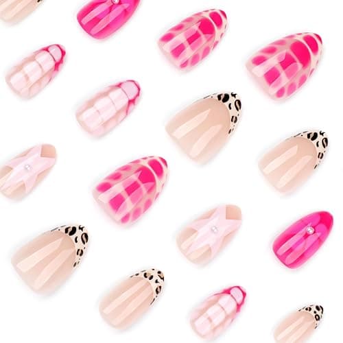 24Pcs Cute Almond Press on Nails Short Fake Nails with Flower Star Pattern Design Leopard French Tip Press on Nails Artificial Flower Nails Press ons Pink Full Cover Stick on Nail for Women thumbnail 2