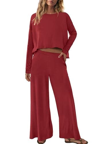 Panadila Womens Oversized Lounge Sets 2 Piece Matching Pajama Sets Long Sleeve Crop Top and Wide Leg Pants with Pockets thumbnail 2