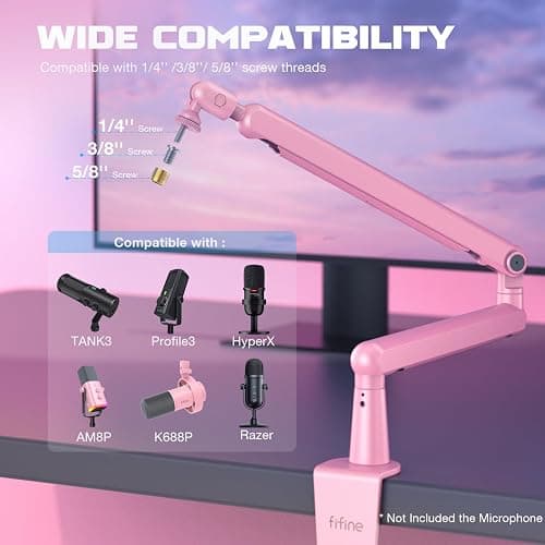 FIFINE Low Profile Boom Arm Mic Stand, Microphone Stand with Cable Management Channel, Desk Clamp, Screw Adapter for Streaming Podcast Recording, Adjustable Metal Mic Boom Arm Pink-BM88P thumbnail 3