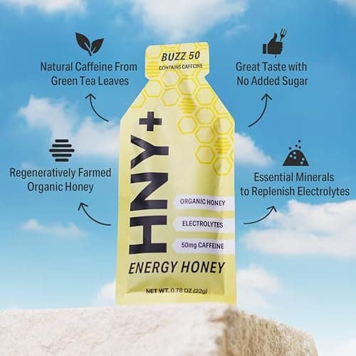 HNY+ Buzz Organic Honey Energy Gel with Electrolytes, Magnesium, Sea Salt, Potassium & Green Tea Caffeine, Gluten Free & Vegan, Workout Gels, for Gym, Running & Hiking, 50mg Caffeine, 12 Pack thumbnail 3