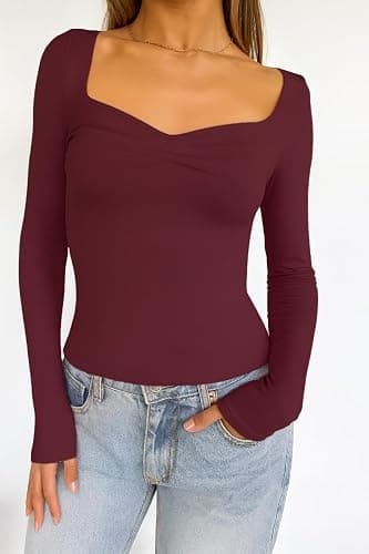 TiulZial Women's Long Sleeve Shirts Going Out Tops Basic Cute Pleated Sweetheart Neck Y2K Fall T Shirts thumbnail 5