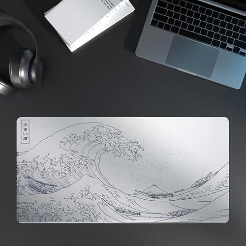 Large Japanese Sea Wave Mouse Pad - White Anime Desk Mat, Extended Non-Slip Keyboard Pad, Kanagawa Office Desktop Protector 23.6" x 11.8" for Gaming, Office and Home - White Waves Sea thumbnail 3