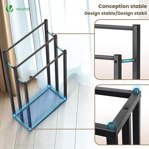 VOUNOT® Porte-Serviettes autoportant sur Pied Support à 3 Niveaux en Métal Rangement Stable pour Serviettes de Bain et Accessoires Idéal à Côté de la Douche Baignoire ou Lavabo Noir thumbnail 5