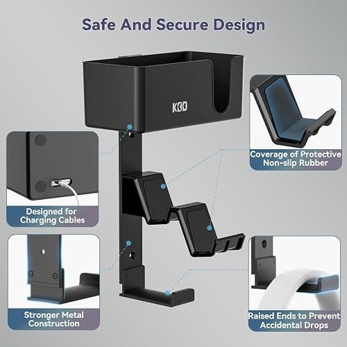 KDD 4-in-1 Wall Mount Controller Holder - Dual Game Controller and Headphone Hanger with Anti-Slip Pads for Xbox ONE/X Series/PS5/PS4 - Detachable Desk Storage for Media Remote, Phone and Speaker thumbnail 4