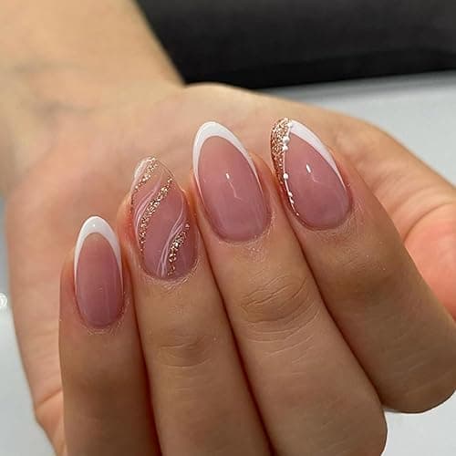 French Press On Nails Short Almond, Nude Fake Nails with White French Tip and Minimalist Gold Line Design, Glossy Gel Finish Acrylic Nails, Natural Reusable Glue On Nails Kit for Women, Luxe Line - Image 1