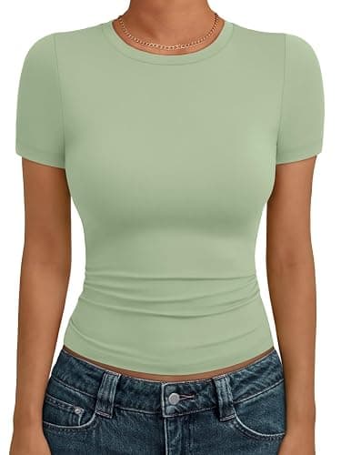 AUTOMET Women's Crew Neck Short Sleeve Basic Stretchy Tight Fitted T-Shirt - Image 1