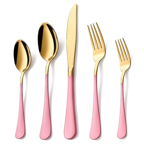Lekoton 20 Piece Gold and Pink 18/0 Flatware Utensil Set for 4, Include Dinner Knife,Dinner Forks,Dinner Spoons,Salad Forks,Teaspoons,Silverware Set for 4, Dishwasher Safe - Image 1