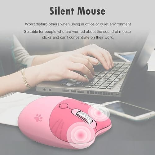 Lomiluskr Cute Cat Wireless Mouse, Lightweight Soundless Mice, 2.4G Wireless Mice, Candy Colors, Kawaii Mouse for Girls and Kids (Pink) thumbnail 5