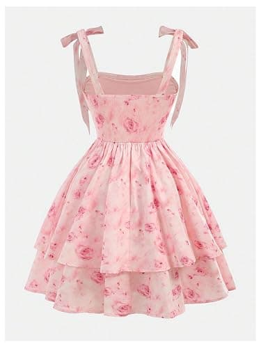 Floerns Girl's Floral Tie Shoulder Cami Dress Ruched Layered Ruffle Hem Short Dresses thumbnail 2