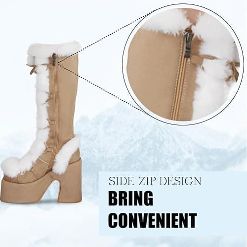 CELNEPHO Knee High Boots For Womens Side Zipper Warm Faux Fur Platform Chunky Heel Punk Goth Walking Winter Snow Boots thumbnail 6