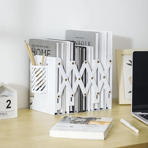 Adjustable Bookends Metal Book Ends for Heavy Book Holder Heavy Duty Bookends Nonskid Bookcase Desktop Book Organizer Binder Holder (White) thumbnail 4