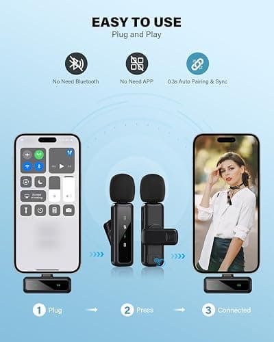 Mini Wireless Lavalier Microphone for iPhone, iPad, Android, 2-Pack Mini Mic with Windscreens & Pop Filters, Noise Reduction, Auto Pairing, Mute & Reverb for Vlogging, Recording, Live Streaming thumbnail 5