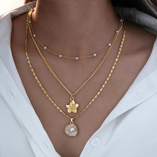 Hibiscus Stack Necklace for Women Gold Flower Necklace Waterproof Beach Vacation Layered Necklace Jewelry thumbnail 7