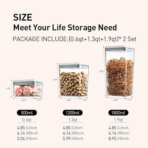 EQI Pop Food Storage Containers Set, 6Pcs Airtight Containers with Lids for Kitchen Pantry Organizers and Storage,One Button Opening BPA-Free Food Containers for Cereal Flour Sugar(0.6, 1.3, 1.9Qt)*2 thumbnail 2