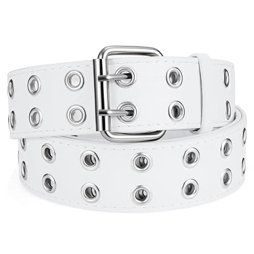 SANSTHS Women Double Grommet Studded Belts, Black Leather Belt for Women Men Punk belt - Image 1