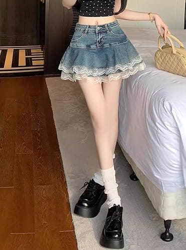 Y2K High Waist Denim Lace Mini Skirt for Women – Harajuku A-Line Ruffle Skater Skirt Kawaii Fairycore Style thumbnail 5