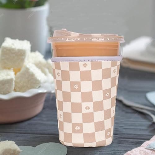 Reusable Insulated Neoprene Iced Coffee Cup Sleeve, Durable Drink Sleeve for Cold Beverages, Beverage Holder for Iced Coffee, Floral Checkers thumbnail 2