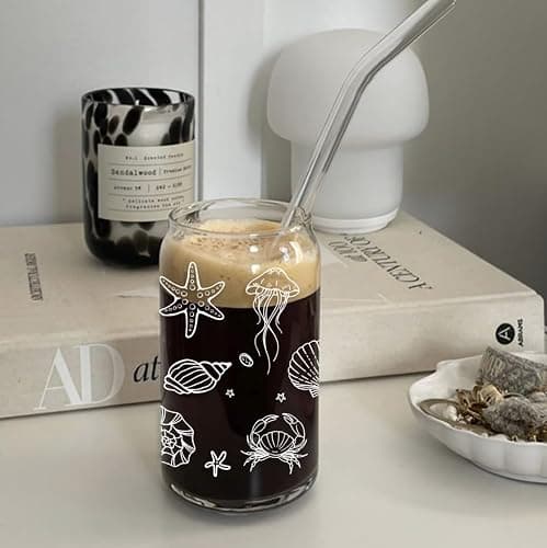 Mikopei Beach Gifts for Women - Ocean Animals Glass Cup with Lid and Straw, Cleaning Brush, Beach Room Decor, Coastal Decor for Home, Beachy Decorations, Iced Coffee Cup Tumbler, 16 oz thumbnail 2