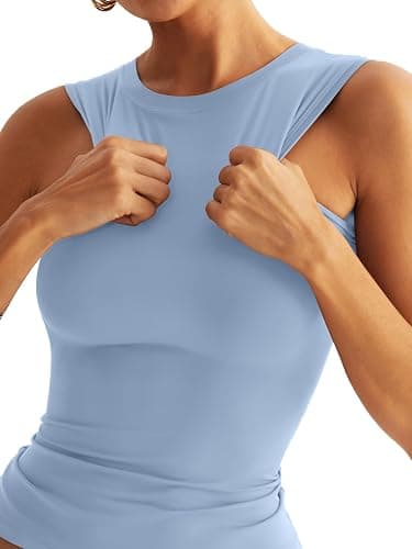 Eachyes Womens Double Lined Racerback Tank Tops High Neck Fitted Sleeveless Tops Basic Thick Strap Going Out Summer Outfits thumbnail 2