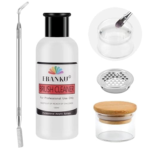 EBANKU 120ml Acrylic Nail Brush Cleaner, 3 in 1 Nail Art Brushes Conditioner Nail Brush Clean Solution Quickly Clean With Glass Cup and Scrub Brush for Solid Gel Polish/Nail Extension Gel - Image 1
