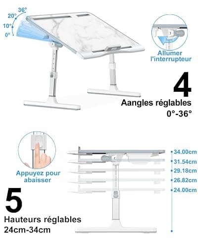 Potuopy Table de lit à Hauteur réglable, Pliable pour Ordinateur Portable, pour Travailler, Lire et Manger sur Le Sol du canapé (Marbre, 60 * 40cm) thumbnail 2