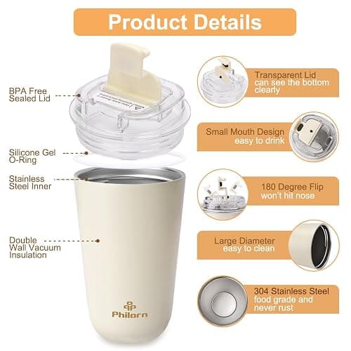 Philorn Thermobecher Kaffee to go Becher - 13oz/380ml Kaffeebecher to go mit Deckel, Auslaufsicher Coffee to-go Becher Thermo aus Edelstahl, Wiederverwendbar Kaffee Thermobecher, Weiß thumbnail 5