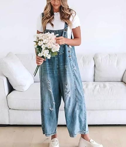chouyatou Women Loose Adjustable Strap Denim Bib Overall Jeans Distressed Wide Leg Baggy Overalls Jumpsuit thumbnail 5