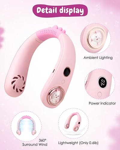 Neck Fan for Kids,Bladeless Portable Fan Rechargeable for 4-14Y Girls & Boys, 2400mAh USB Personal Cooling Mini Fan Rechargeable for Travel/Disney/Camping, 3 Speeds, Summer Essentials(Pink) thumbnail 5