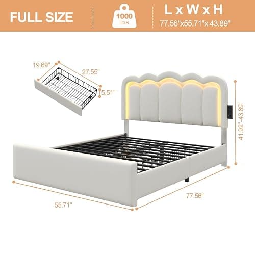 Full Bed Frame with 4 Storage Drawers, Adjustable Wavy Headboard, White | PU Upholstered Princess Platform Bed with RGB LED Lights and Charging Station, Metal Slats Support, No Box Spring Needed thumbnail 2