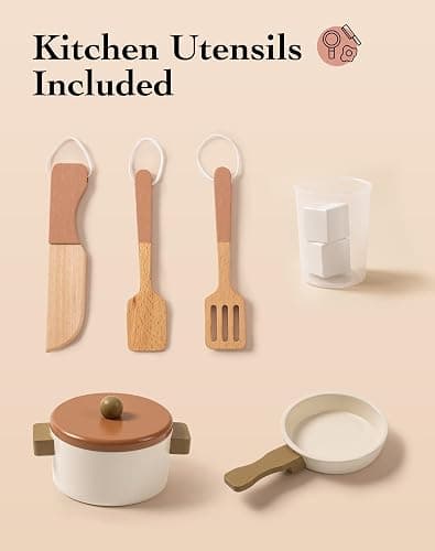 ROBUD Kids Kitchen Playset, Mocha Montessori Wooden Play Kitchen with Ice Dispenser, Pretend Toddlers Kitchen Toy with Accessories, Baby Gift for Ages 3 4 5 6 7 8 thumbnail 6