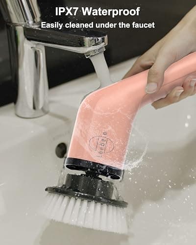 Leebein Electric Spin Scrubber, Cordless Powerful Scrub Brush for Cleaning Bathroom, Kitchen, Shower Tub and Floor Tile with Adjustable Extension Long Handle and 8 Replaceable Brush Heads(Rose) thumbnail 7