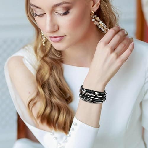 Fesciory Leather Wrap Bracelets for Women, Boho Leopard Multi-Layer Crystal Beads Cuff Bracelet Jewelry thumbnail 4