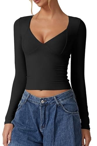 QINSEN Women's Long Sleeve V Neck T Shirts Double Lined Crop Top Seamed Cup Going Out Tops - Image 1