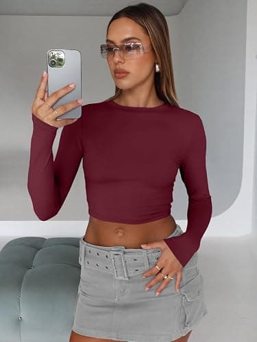 Trendy Queen Womens Long Sleeve Crop Tops Basic Slim Fitted Shirts Fashion 2025 Going Out Y2k Tops Teen Girl Clothes thumbnail 3