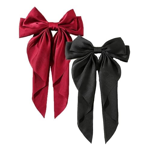 Yuyeran 2Pcs Super Big Bow Hair Clips French Style Soild Color Knotted Bowknot Spring Snap Barrettes Hair Clips with Long Ribbon for Women Girls (WineRed+Black) - Image 1