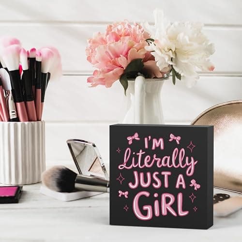Pink Room Decor Light Pink Dorm Room Decoration for Girl Decor for Bedroom I'm Literally Just A Girl Girly Bowknot Signs for Home Dorm Wall Desk Shelf Tabletop Decoration (black) thumbnail 6