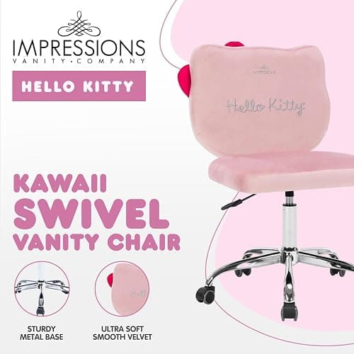 Impressions Vanity Hello Kitty® Kawaii Swivel Vanity Chair, Pink | Adjustable Height, Silver Base, 360° Spin, 5 Wheels, 20" Wide, 33" Tall, Armless Comfy Padded Desk Chair with Backrest thumbnail 3