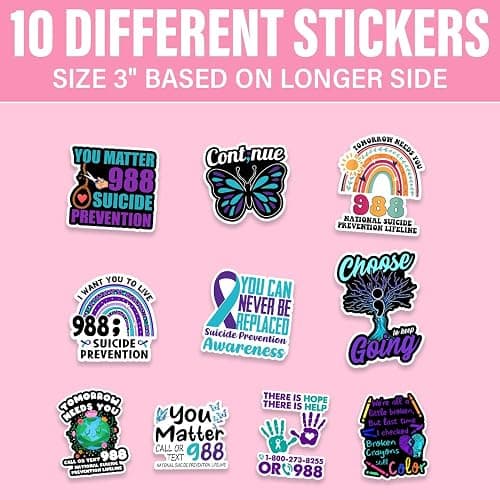 HOSALA (10Pcs-3in) 988 Suicide Prevention Sticker Pack, Teal & Purple Ribbon Suicide Awareness Sticker, Mental Health Motivational Gift, Positive Affirmations Decor for Laptop Tablet Helmet Vehicle thumbnail 2
